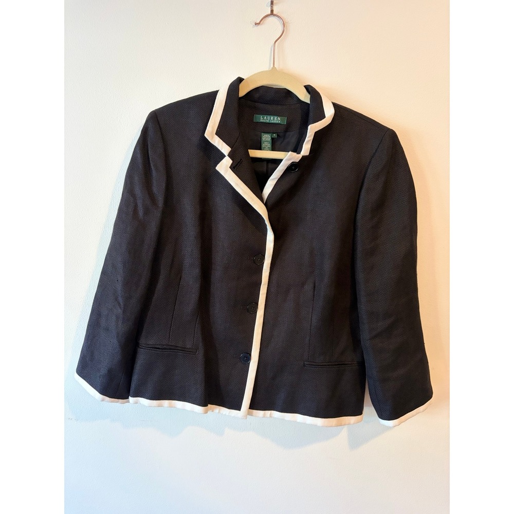 Lauren Ralph Lauren Black Linen Blazer White Contrast Trim 3-Button Jacket 14